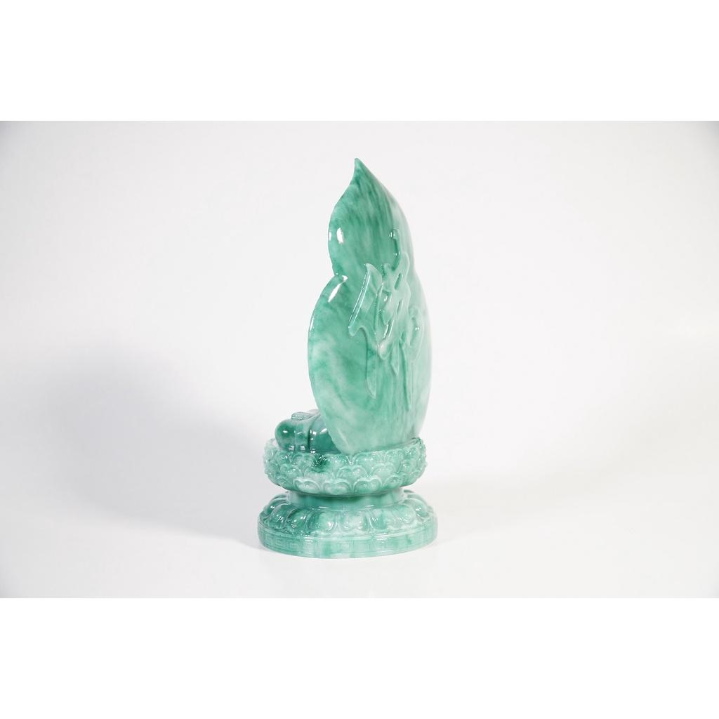 Tượng Phật Quan Âm Bồ Tát đá xanh rêu lá bồ đề hào quang để xe ô tô, bàn thờ - Cao 19cm ngồi