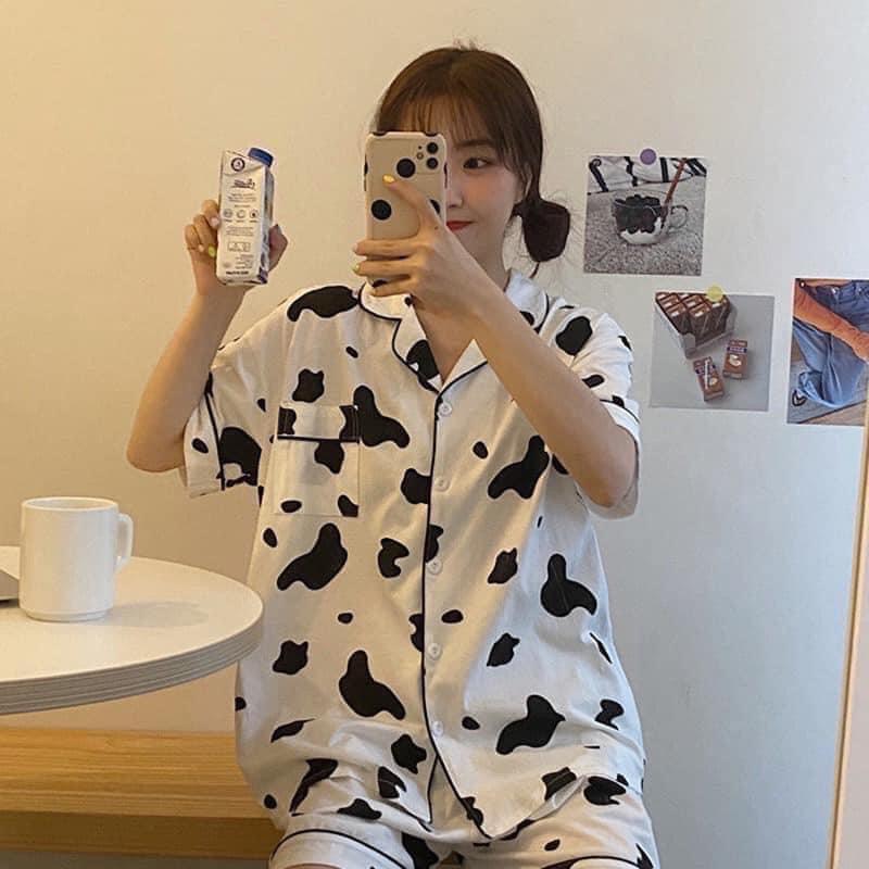 Bộ ngủ Pyjama in hình bò sữa&lt;FREE SIZE&gt; Bộ ngủ nữ siêu xinh,Bộ ngủ hoạt hình(kèm video ảnh thật)