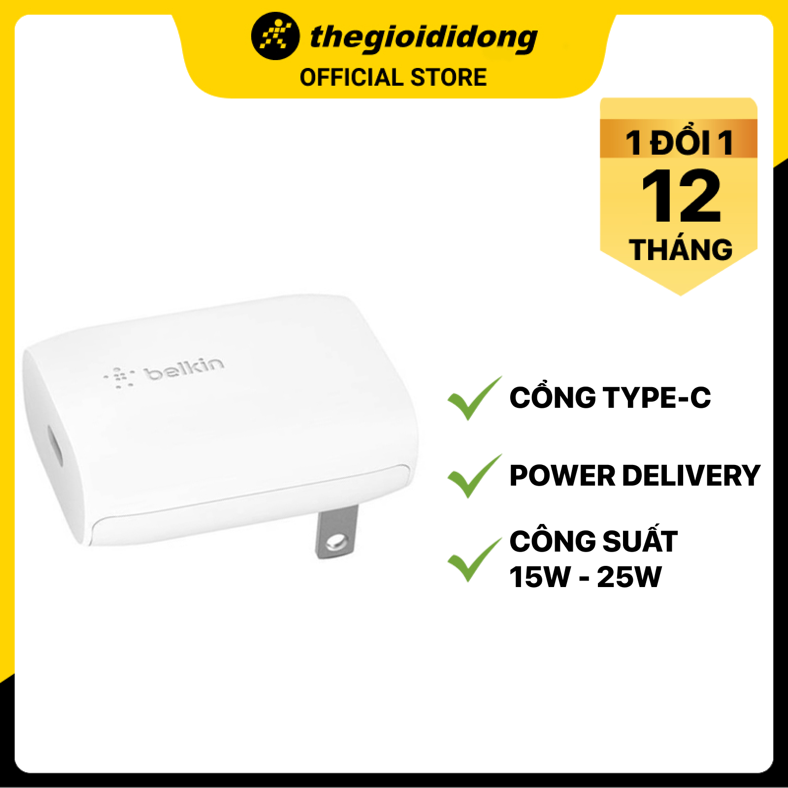 Adapter sạc Type C PD 20W Belkin WCA003 Trắng - Hàng chính hãng