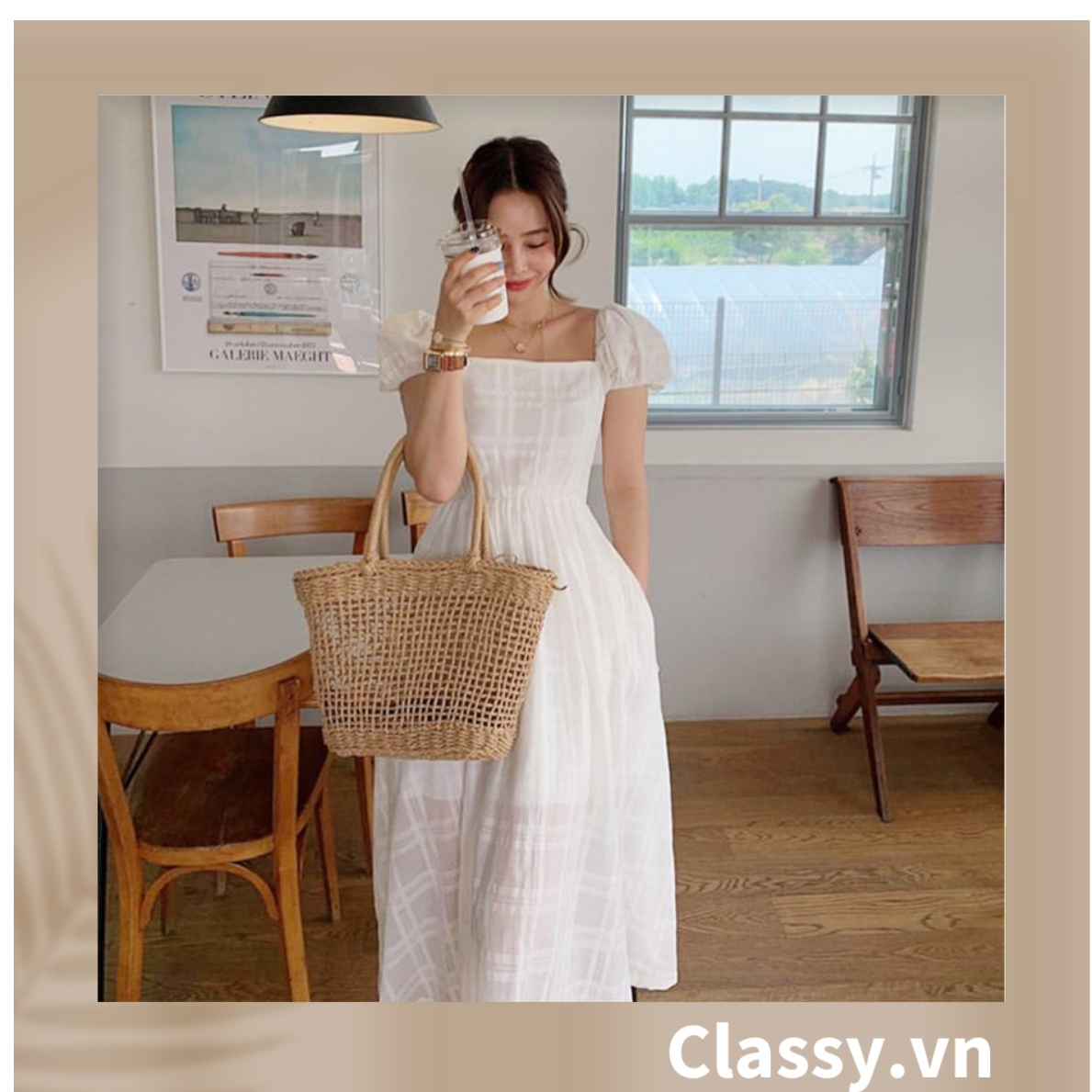 Túi cói Classy hình thang thời trang, thích hợp đi biển, đi dạo, đi chơi T1073