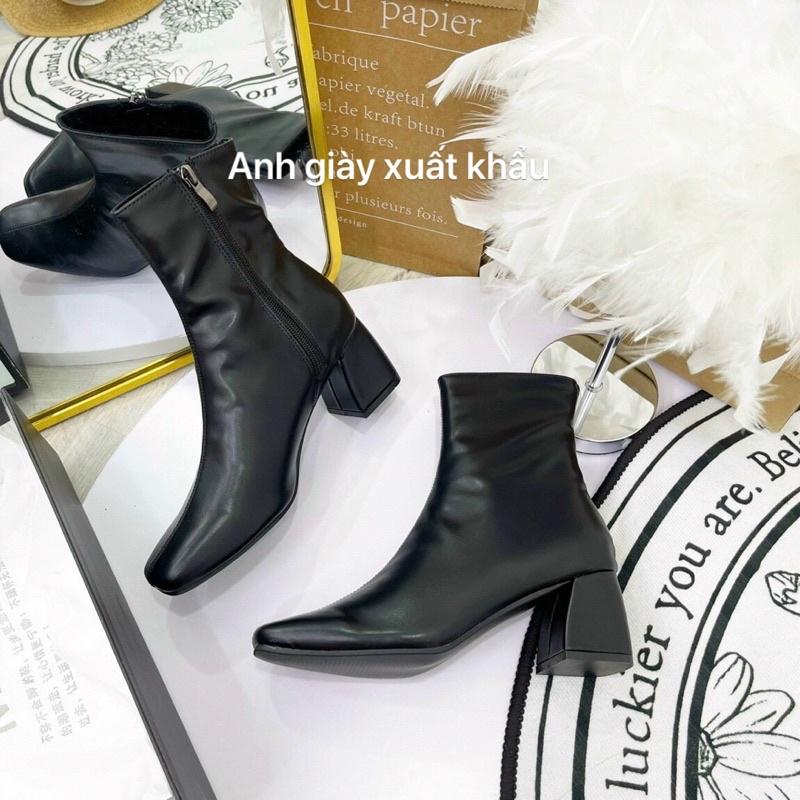 B44 - Bốt lửng cao cổ mũi vuông da lì khoá cạnh hàng hộp xịn MIDiLi