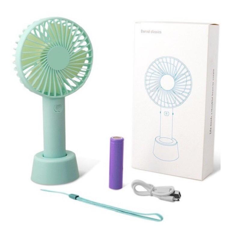 QUẠT MINI CẦM TAY TÍCH ĐIỆN CÓ ĐẾ ĐỂ BÀN 3 TỐC ĐỘ GIÓ