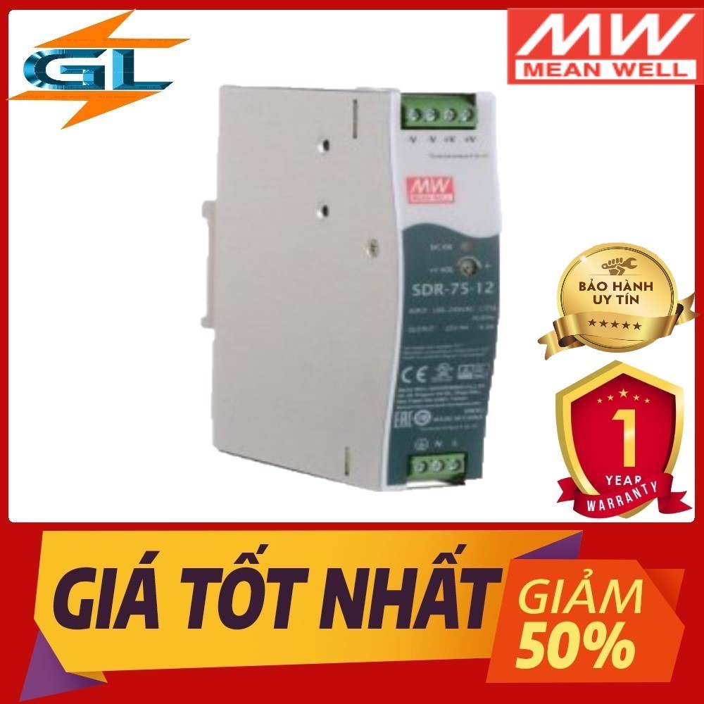 Nguồn DIN Rail SDR-75-12 Meanwell (75.6W 12V 6.3A) Hàng phập khẩu