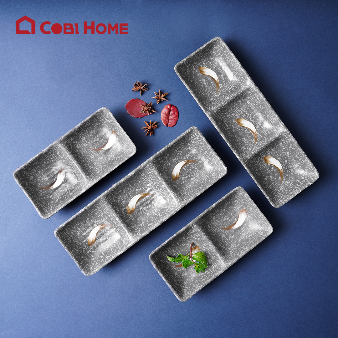 Chén chấm, dĩa chấm chia ngăn hình chữ nhật màu đen vân đá bằng melamine cao cấp
