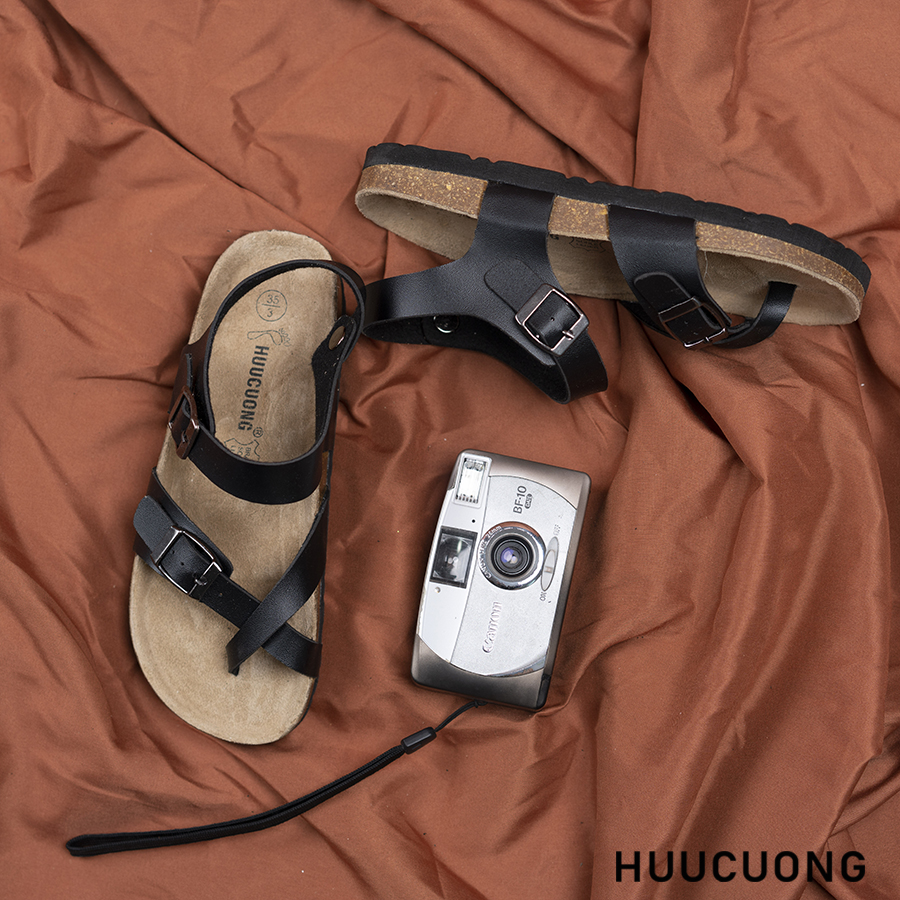 Sandal unisex xỏ ngón da pu đen đế trấu handmade