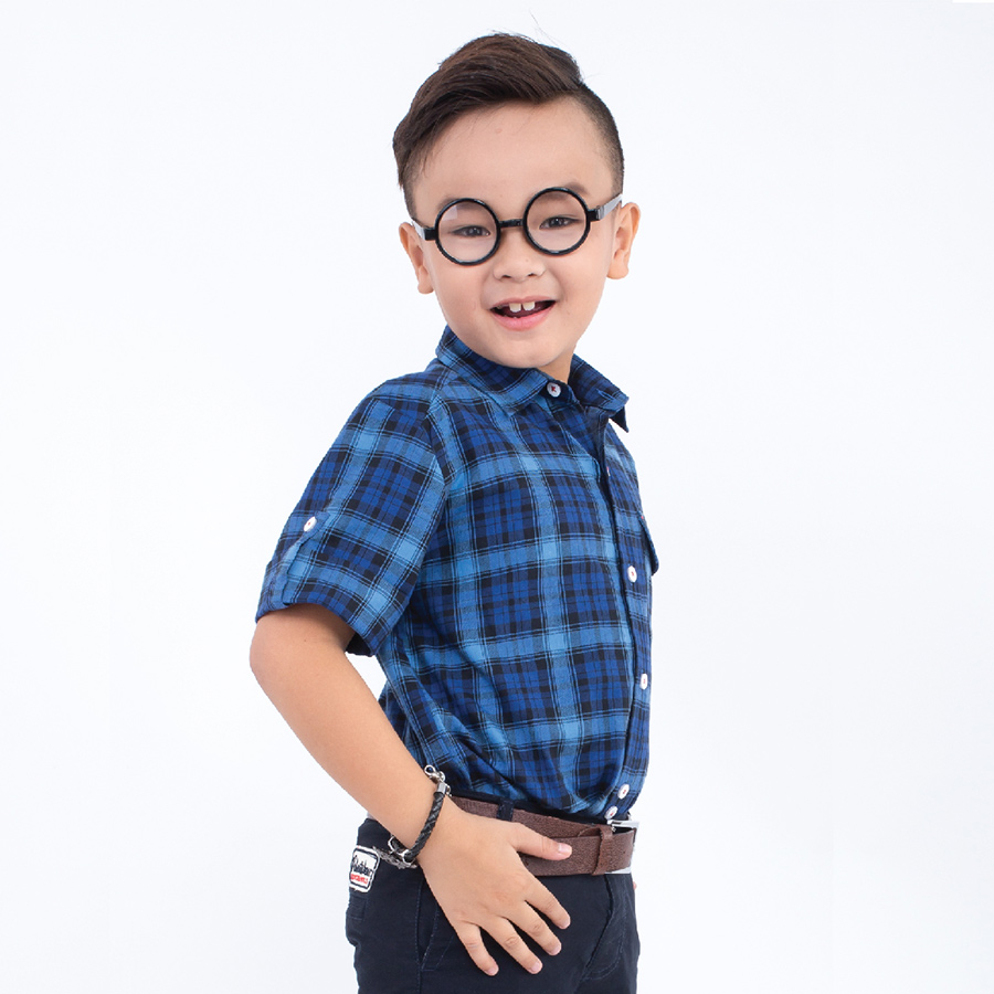 Áo Sơ Mi Bé Trai Caro Xanh Bách Tay UGETHER UKID171