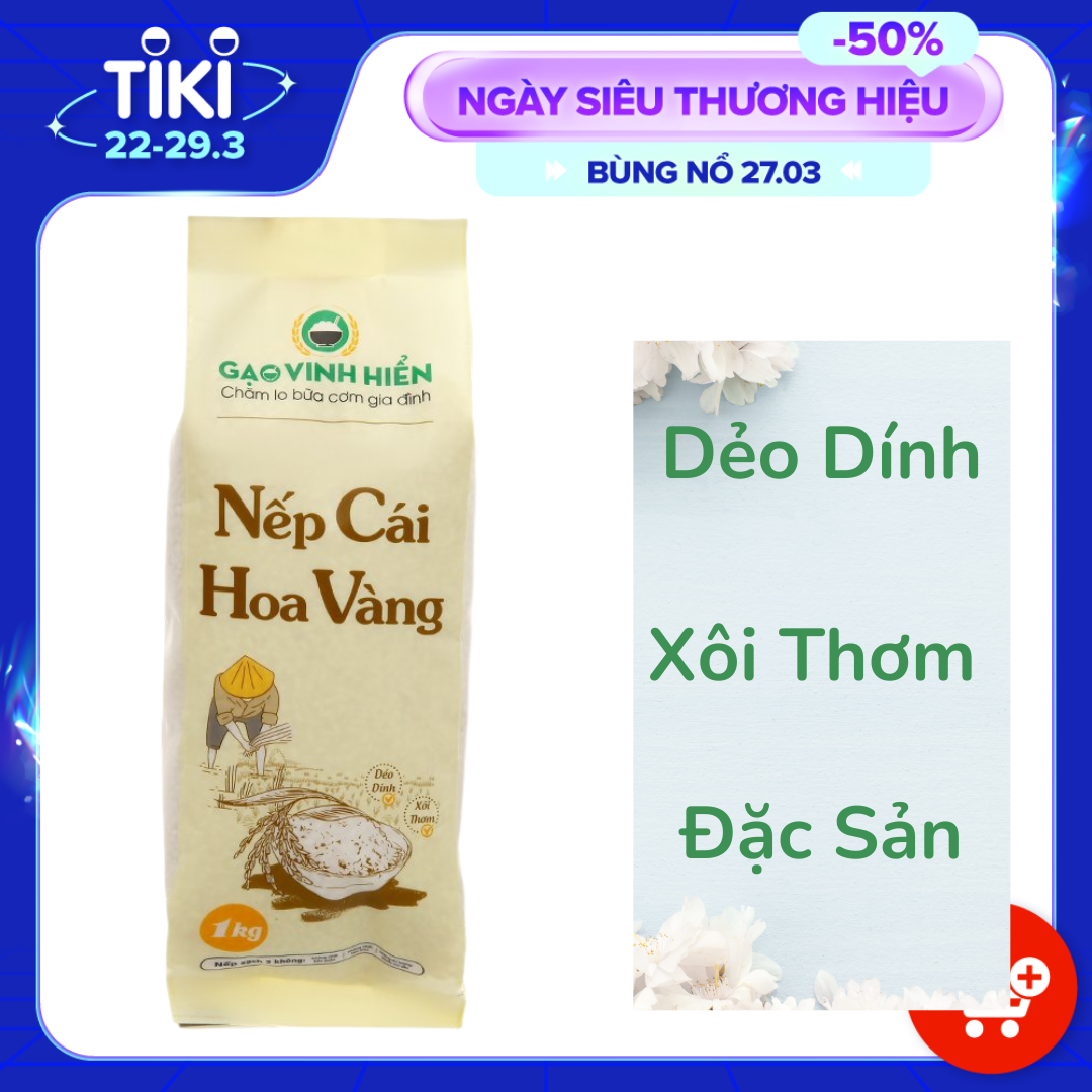 Gạo Nếp đặc sản Cái Hoa Vàng Vinh Hiển túi 1KG - Nếp sạch 3 KHÔNG