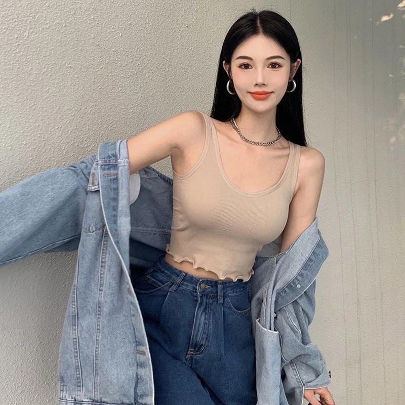 [HÀNG QUẢNG CHÂU] ÁO BA LỖ VIỀN SÓNG GÂN TĂM áo croptop sát nách CÓ ĐỆM NGỰC nhiều màu lựa chọn chất cotton thun cao cấp