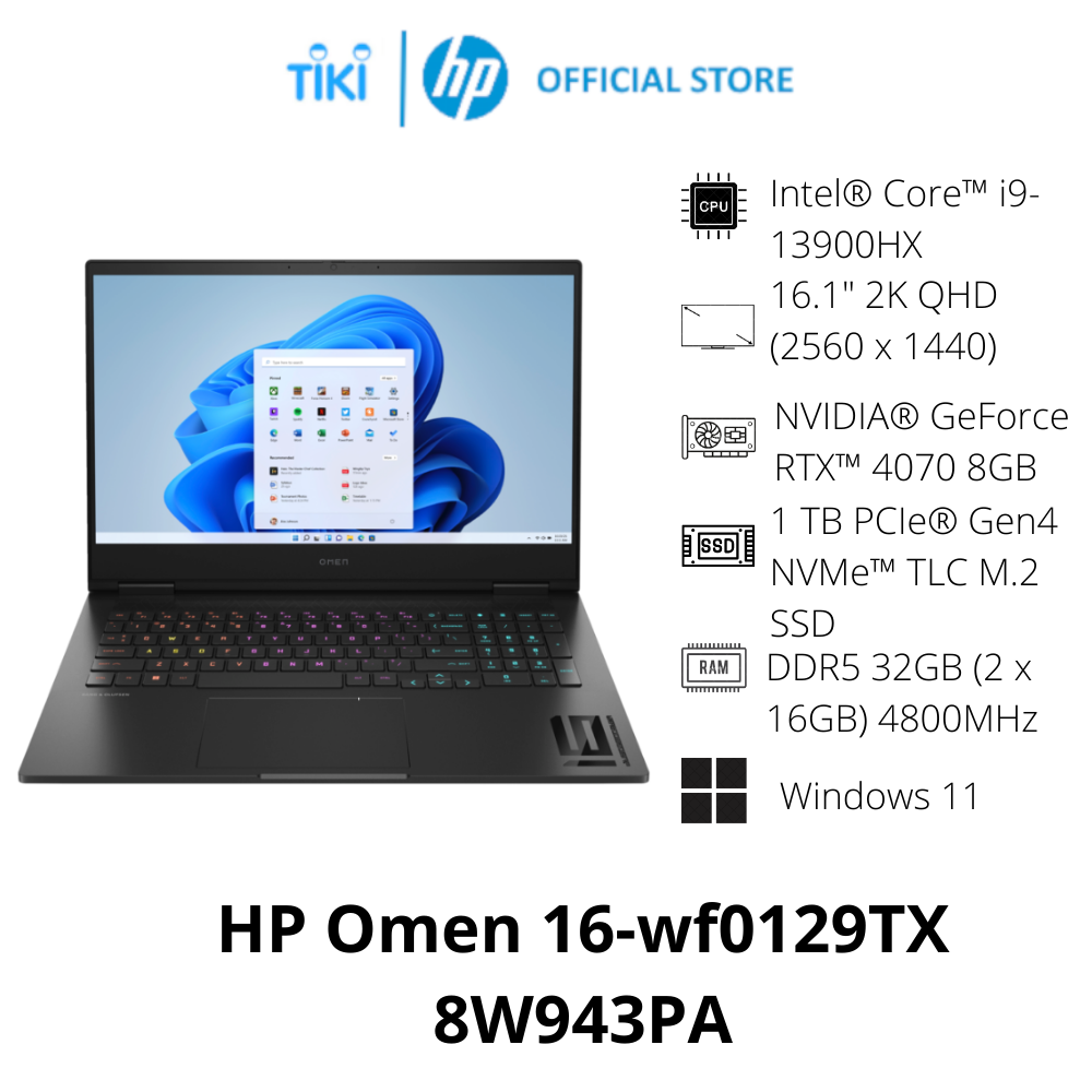 Laptop HP OMEN 16-wf0129TX 8W943PA (Intel Core i9-13900HX | 32GB | 1TB | RTX 4070 | 16.1 inch QHD 240Hz | Win 11 | Đen) - Hàng Chính Hãng