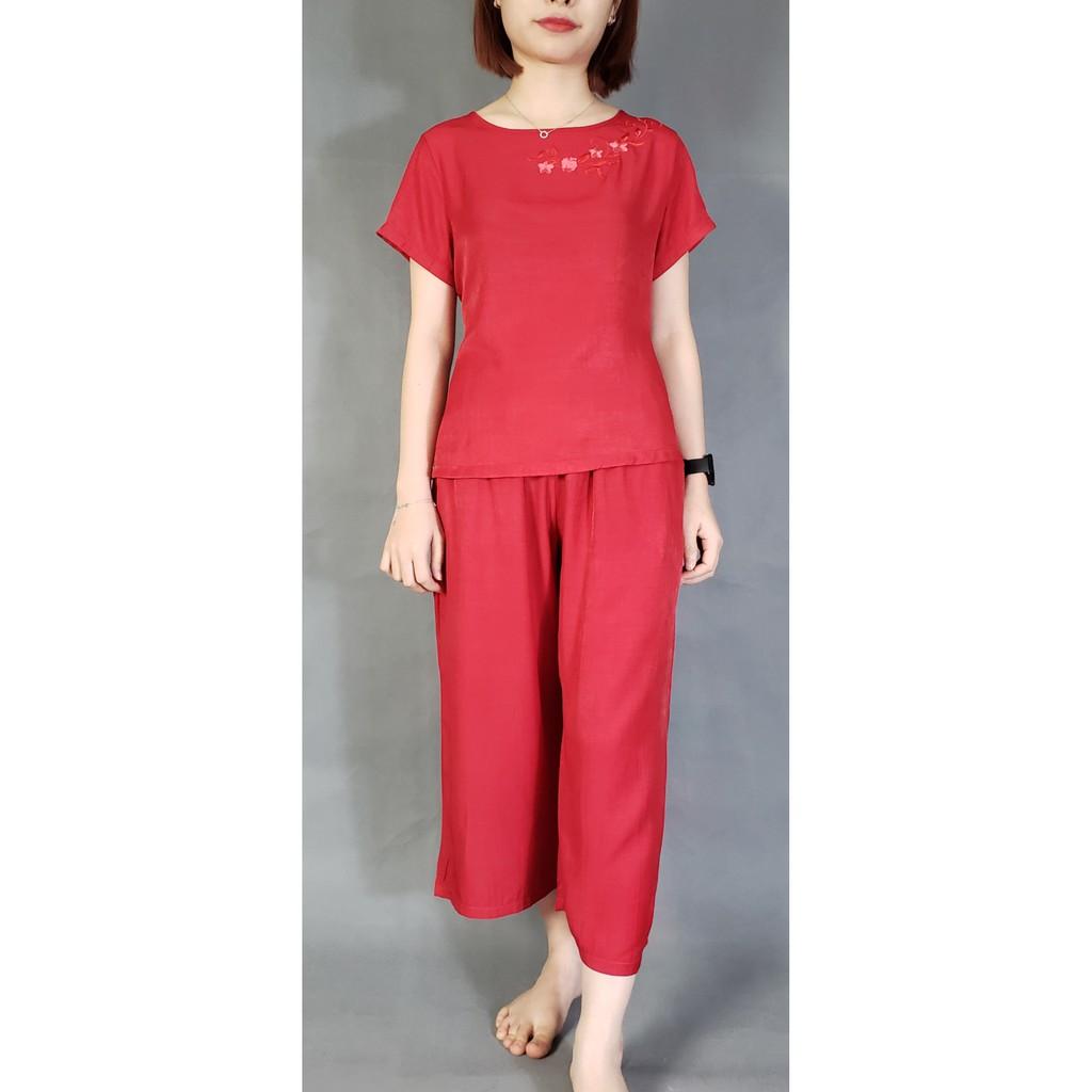 Bộ Đũi Trung Niên, Bộ Mặc Nhà Thêu Hoa Cho Bà, Cho Mẹ BD010