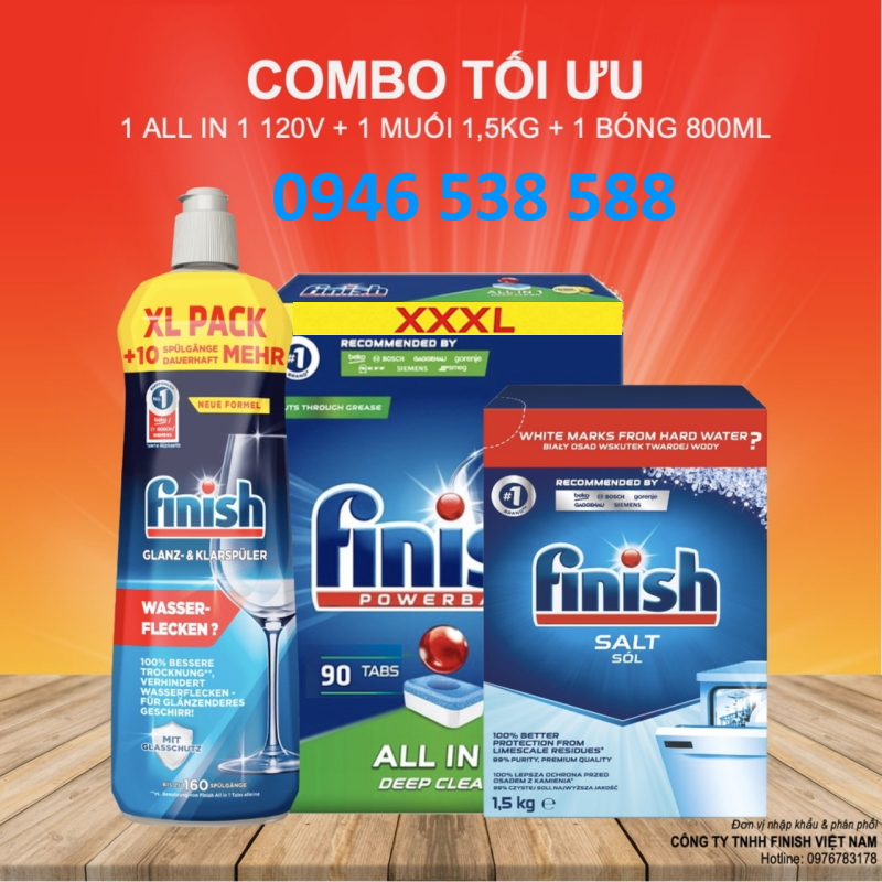 Combo Viên rửa bát fnish All in one 120 viên + Dung dịch nước làm bóng finish 800ml + Muối rửa bát chén finish 1.5kg cho Máy rửa bát