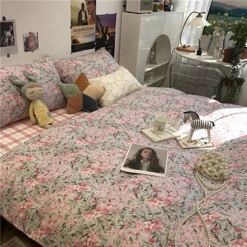 Bộ Chăn Ga Gối Cotton Living 100%Cotton Hàng Nhập Khẩu Cao Cấp 4 Món Hoa Nhí Vintage Hàn Quốc