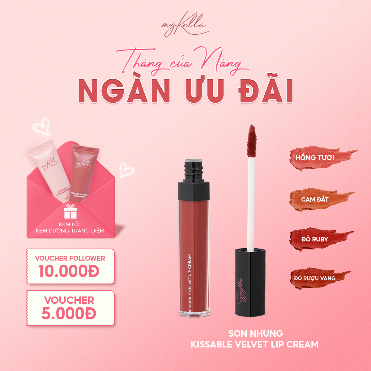 Son Kem Lì myKella Chất Nhung Mịn Mượt, Dưỡng Môi Nhẹ Tênh - KISSABLE VELVET LIP CREAM 5ml