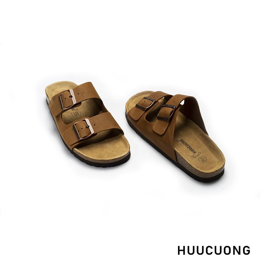 Dép unisex HuuCuong 2 khóa Da Bò nâu đế trấu