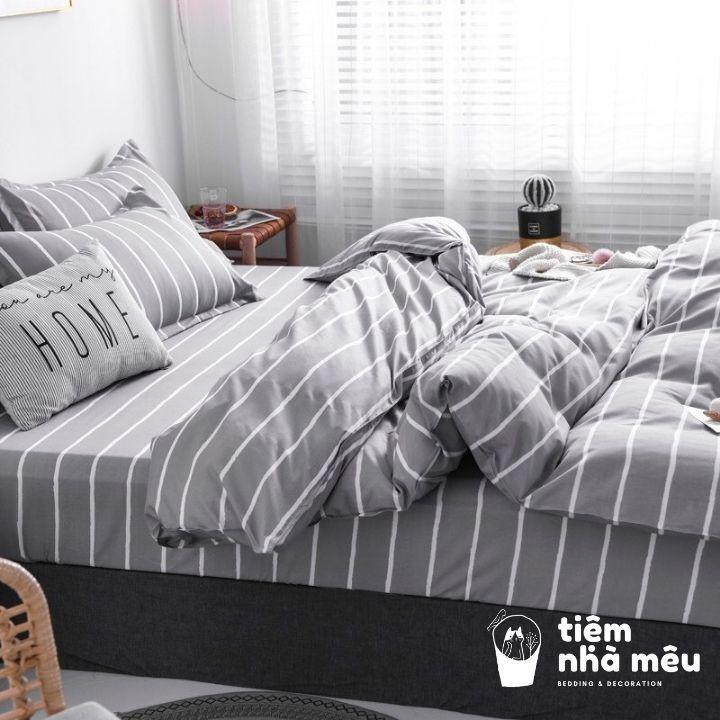 Bộ Chăn Ga Gối Cotton 3D m6/m8/2m - Full size Tiệm Nhà MêuSet 4 Món 2 Vỏ gối ,drap vỏ chăn Kẻ Xám Đơn Giản Nhập Khẩu