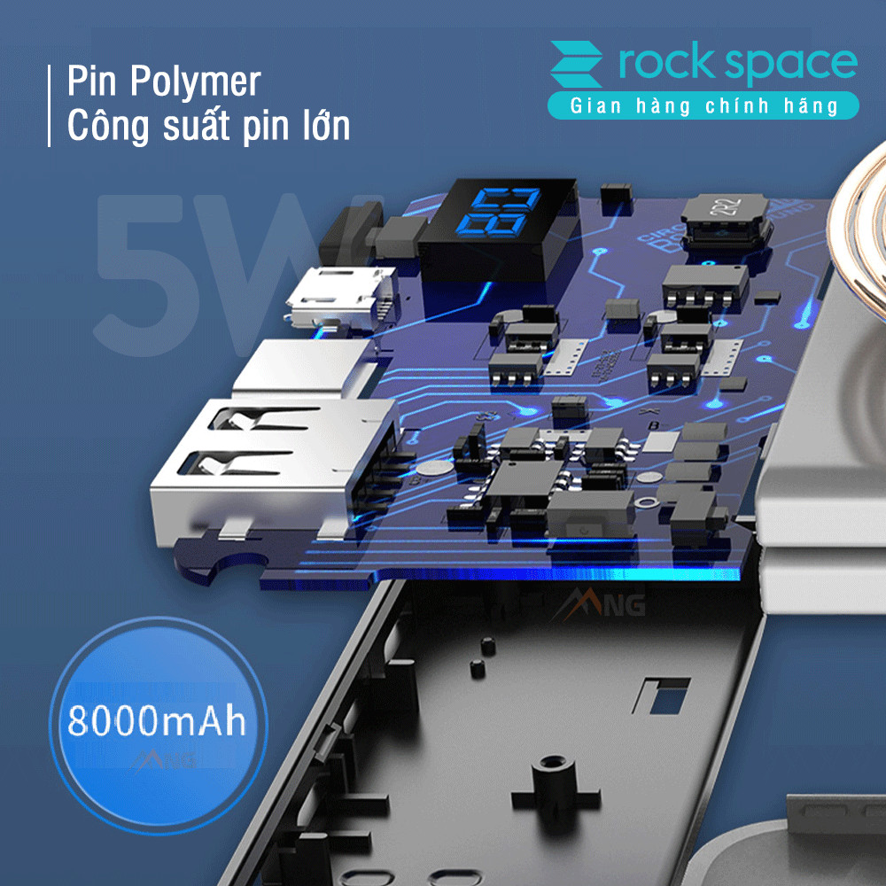 Pin dự phòng kiêm sạc không dây Rock space P39 8000 mAh, chất liệu nhựa chống cháy, hai màu : Đen ghi xám, đen xanh - Hàng chính hãng