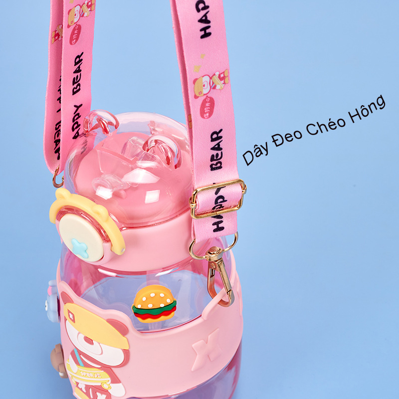 Bình nước kèm ống hút gấu Bear trong xịn xò kèm dây đeo kèm sticker 600ml