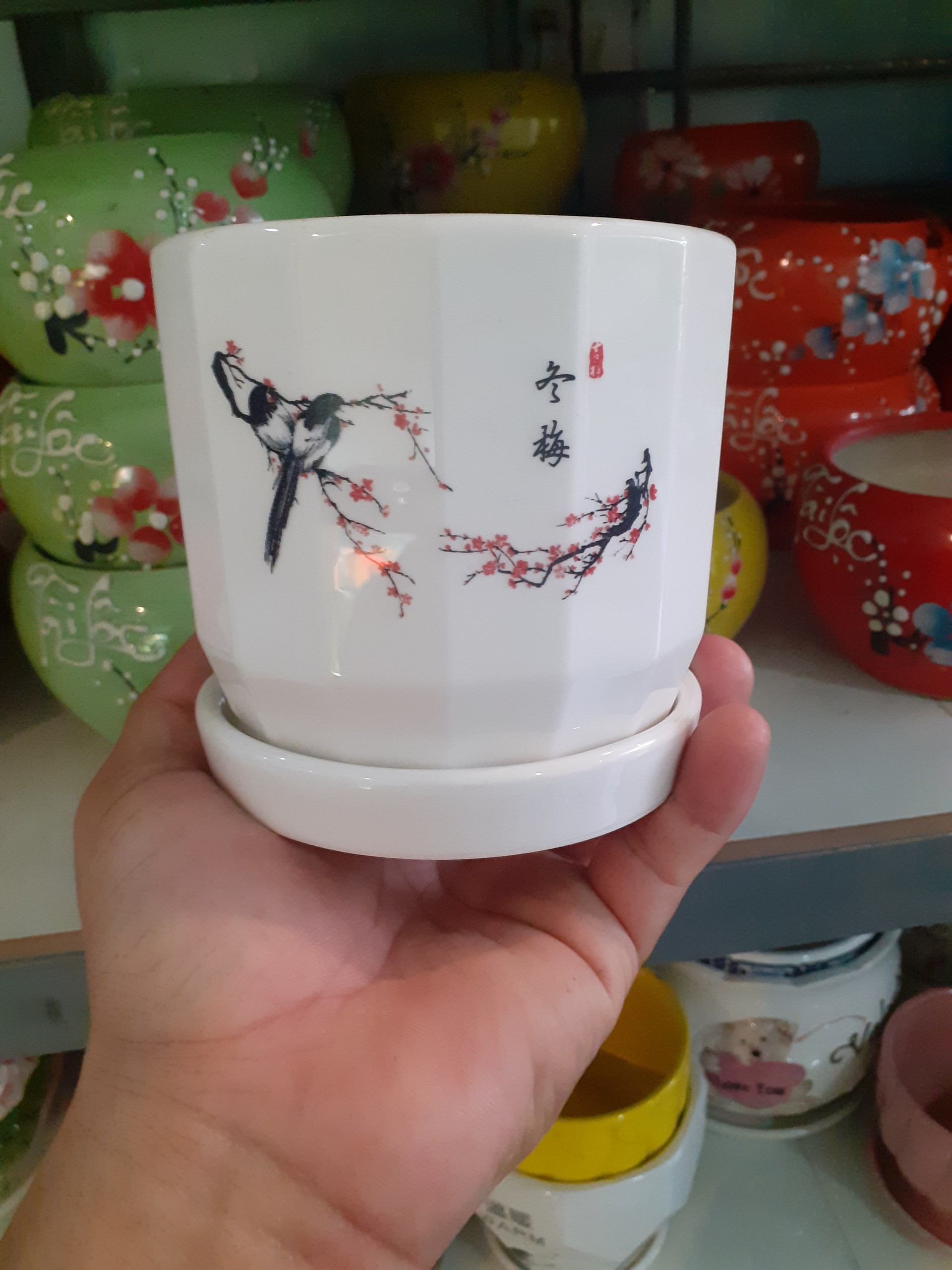 Chậu sứ tròn kèm dĩa đôi chim uyên ương giữa mùa xuân.