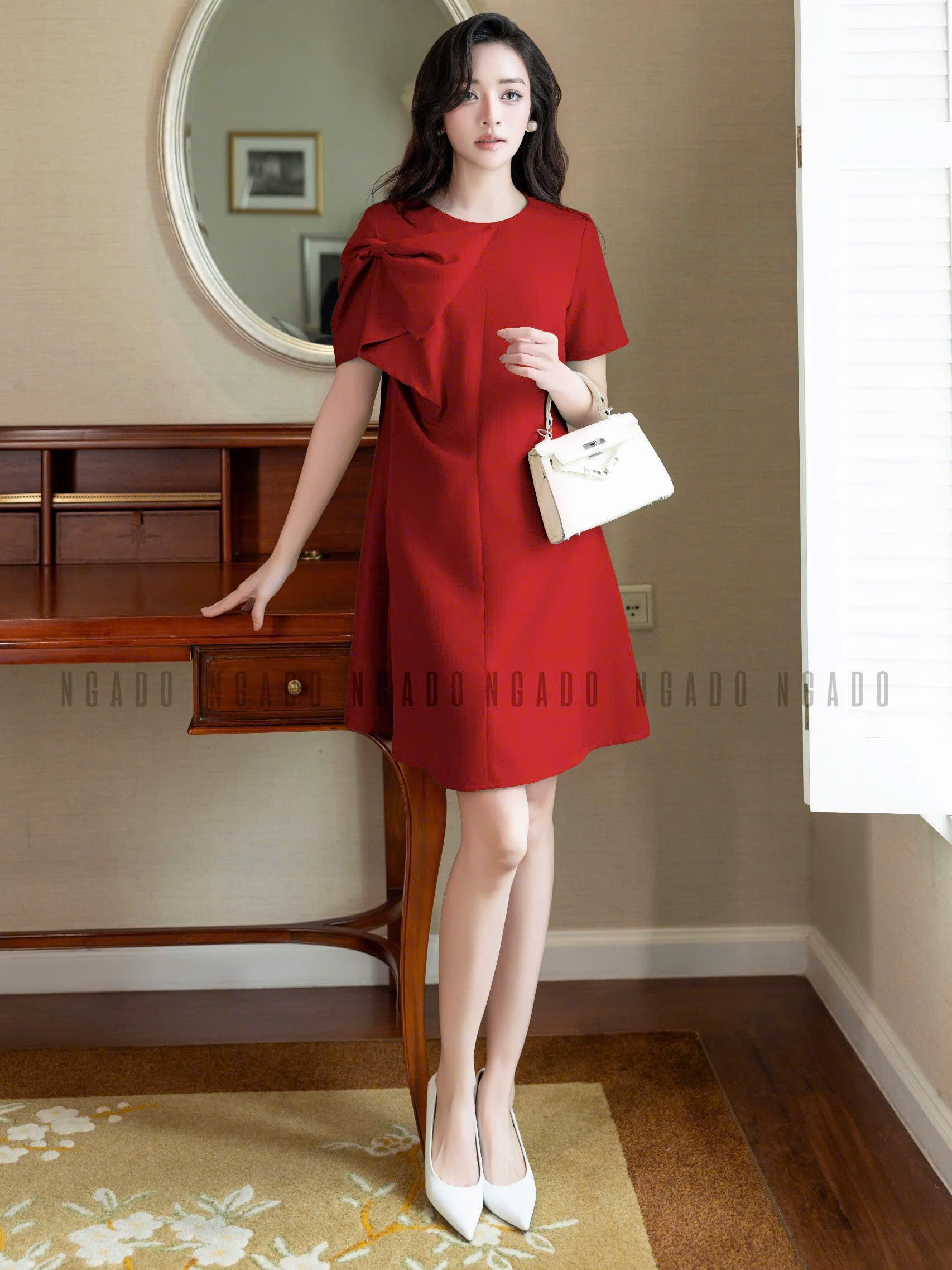 Đầm đỏ nơ tay NGADO , đầm suông , đầm Nữ , đầm công sở, dự tiệc