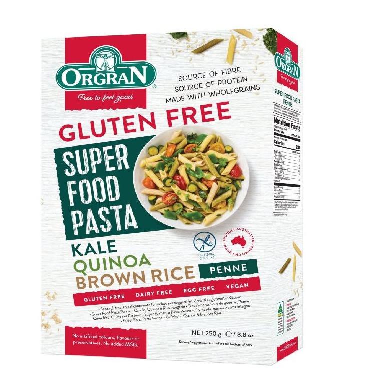 Nui hình ống cải kale, diêm mạch, gạo nâu Orgran - Super Food Pasta Penne Kale Quinoa Brown Rice hộp 250g