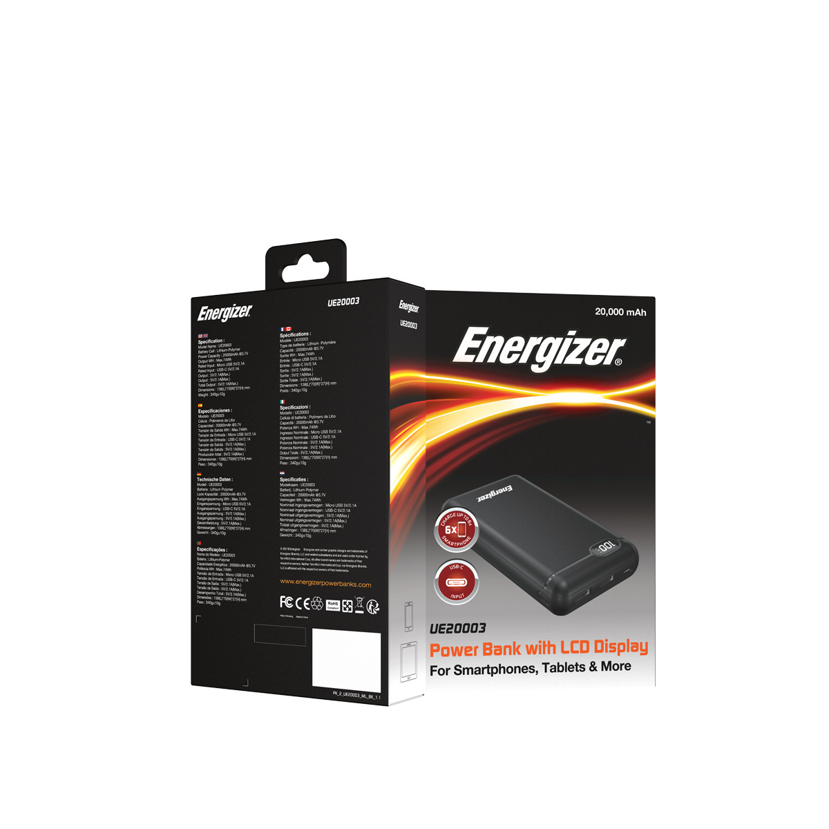 Sạc dự phòng Energizer 20,000mAh/3.7V Li-Polymer -tích hợp 2 cổng Output USB-A tiện dụng giúp sạc cùng lúc 2 thiết bị - UE20003 - Hàng chính hãng