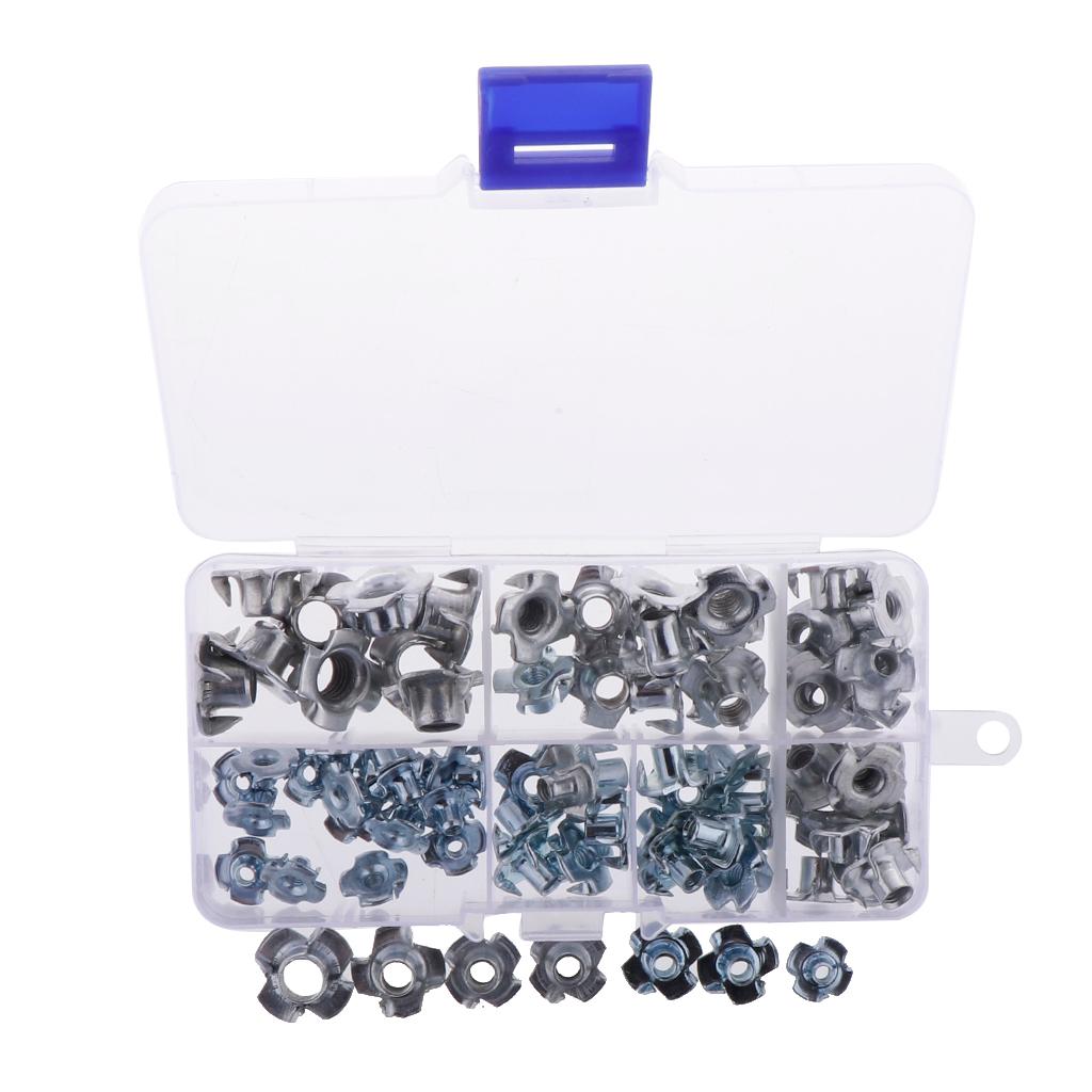 80Pcs M3/M4/M5/M6/M8 Zinc Plated Four Prong Furniture T Nuts Blind Nut Wood