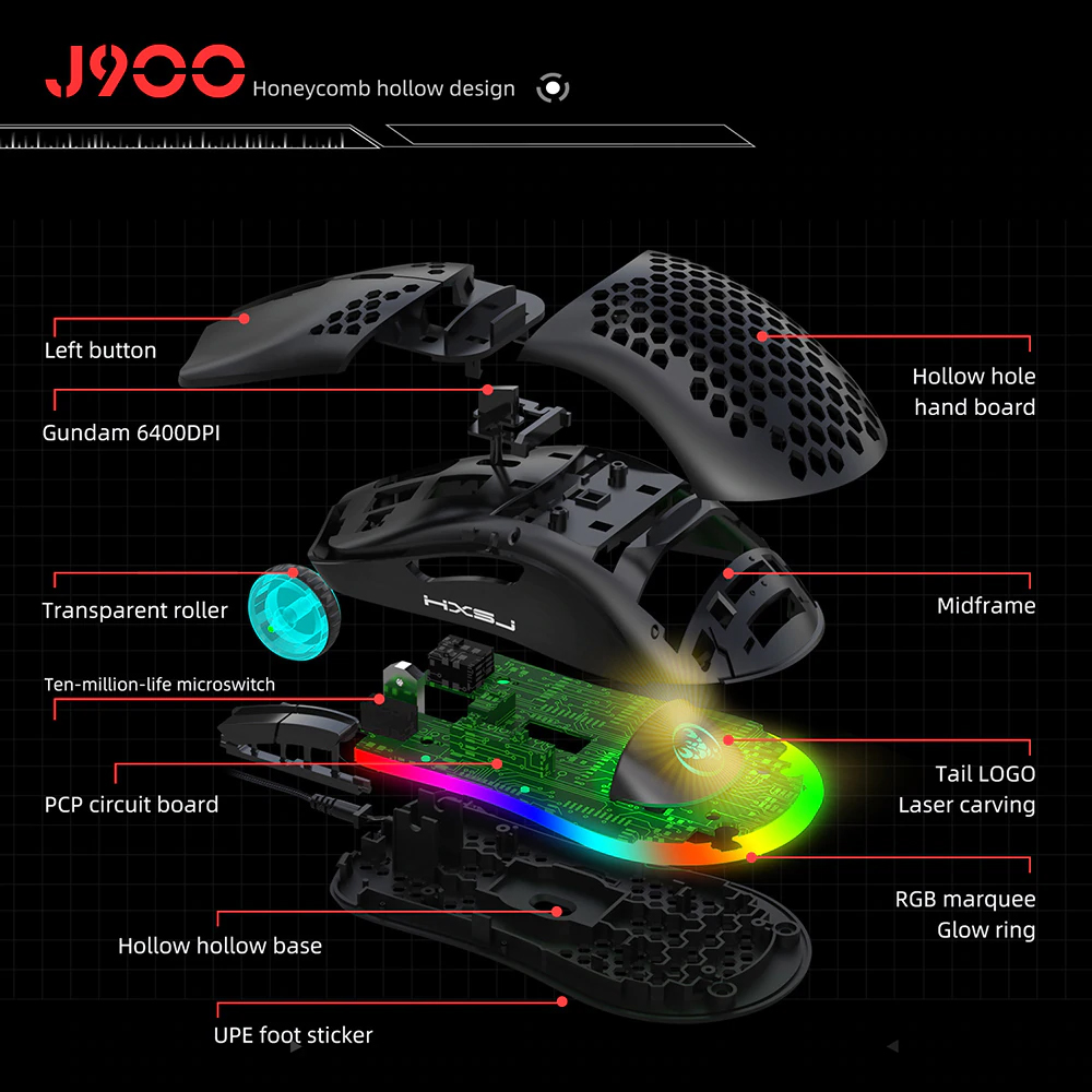 Chuột Chơi Game, Văn Phòng Có Dây HXSJ J900 Độ Nhạy Sáng 6400DPI - USB Wired Gaming Mouse RGB Gaming Mouse with Six Adjustable DPI Ergonomic Design for Desktop Laptop Black - Hàng Chính Hãng