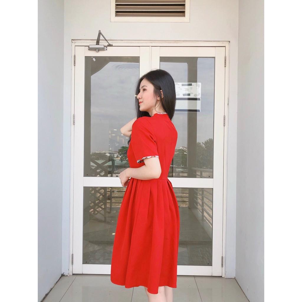 ĐẦM ĐŨI MỊN HANBOK NÚT TÀU CHÉO ĐỎ HỒNG NGÀY TẾT