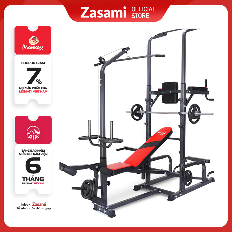 Giàn tạ đa năng kết hợp xà đơn xà kép Zasami 8211 - Kèm 54kg tạ gang , đòn tạ 1m5, 1 găng tay tập tạ