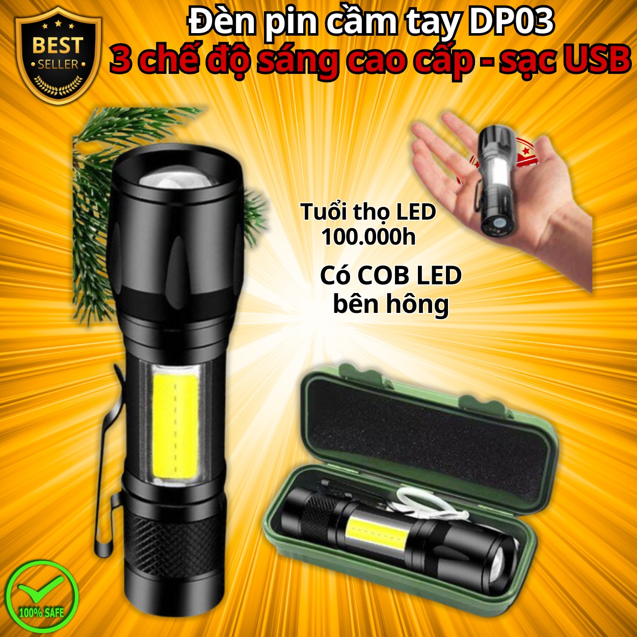 Đèn Pin Cầm Tay DP01 Gồm 4 Chế Độ Chiếu Xa 200m, Đèn Pin Mini DP03 Có 3 Chế Độ Sáng Chính Hãng D Danido, Có COB Led thân