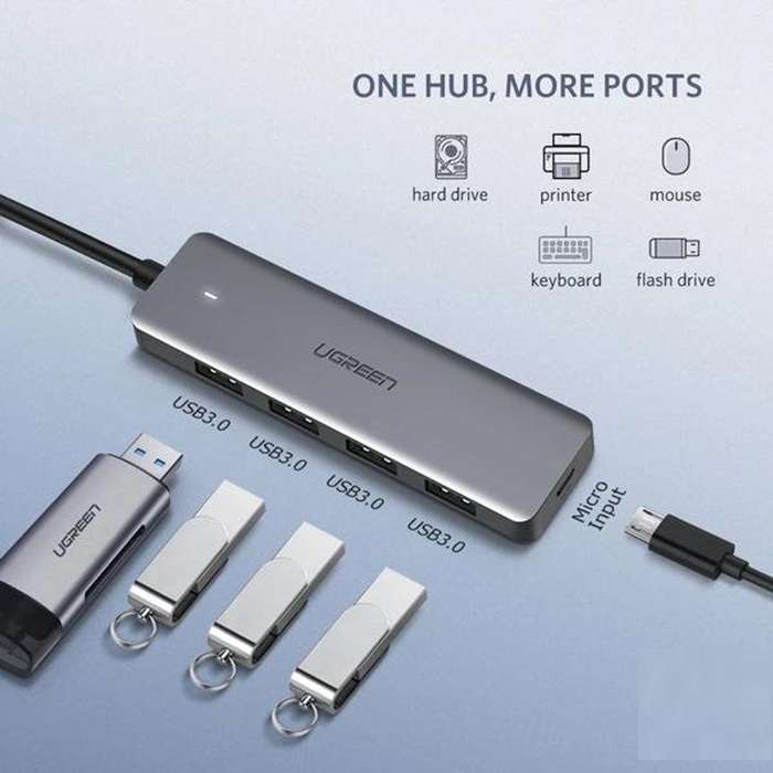 Bộ chia USB 1 ra 4 cổng USB 3.0 Ugreen 50985 (có cổng trợ nguồn Micro usb) - Hàng Chính Hãng