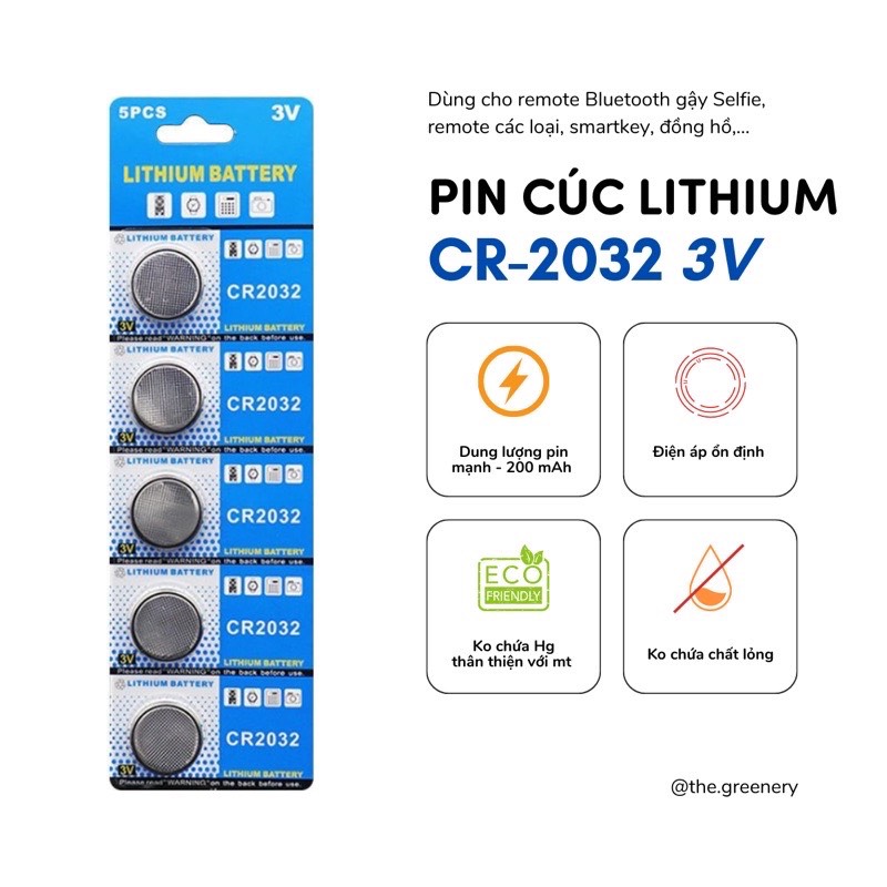 Pin Cúc CR-2032 Lithium 3V dung lượng 200mAh dùng cho remote bluetooth gậy Selfie, smartkey, đồng hồ (1 vỉ = 5 viên)