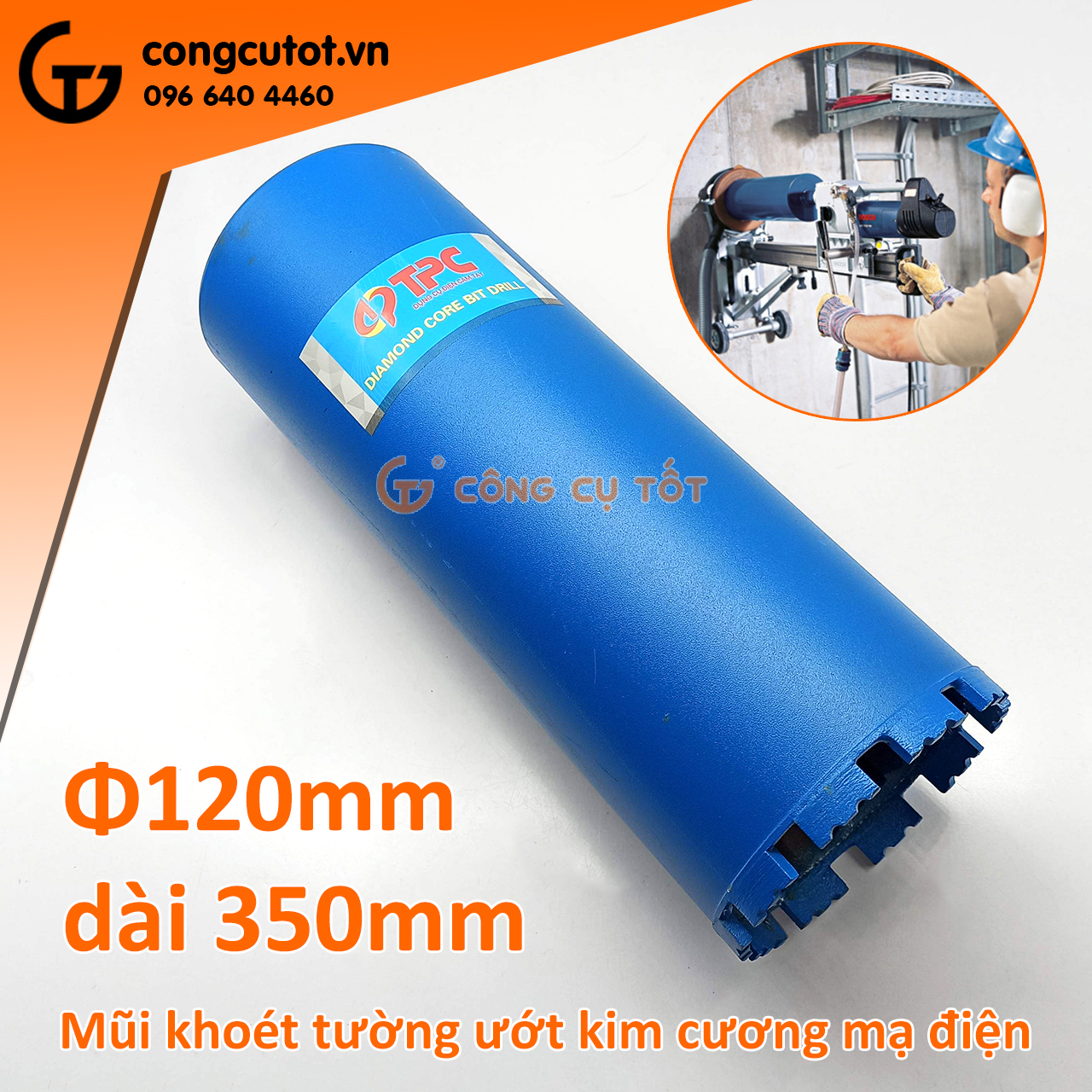 Mũi khoét tường ướt mạ điện Ø120 x 350mm