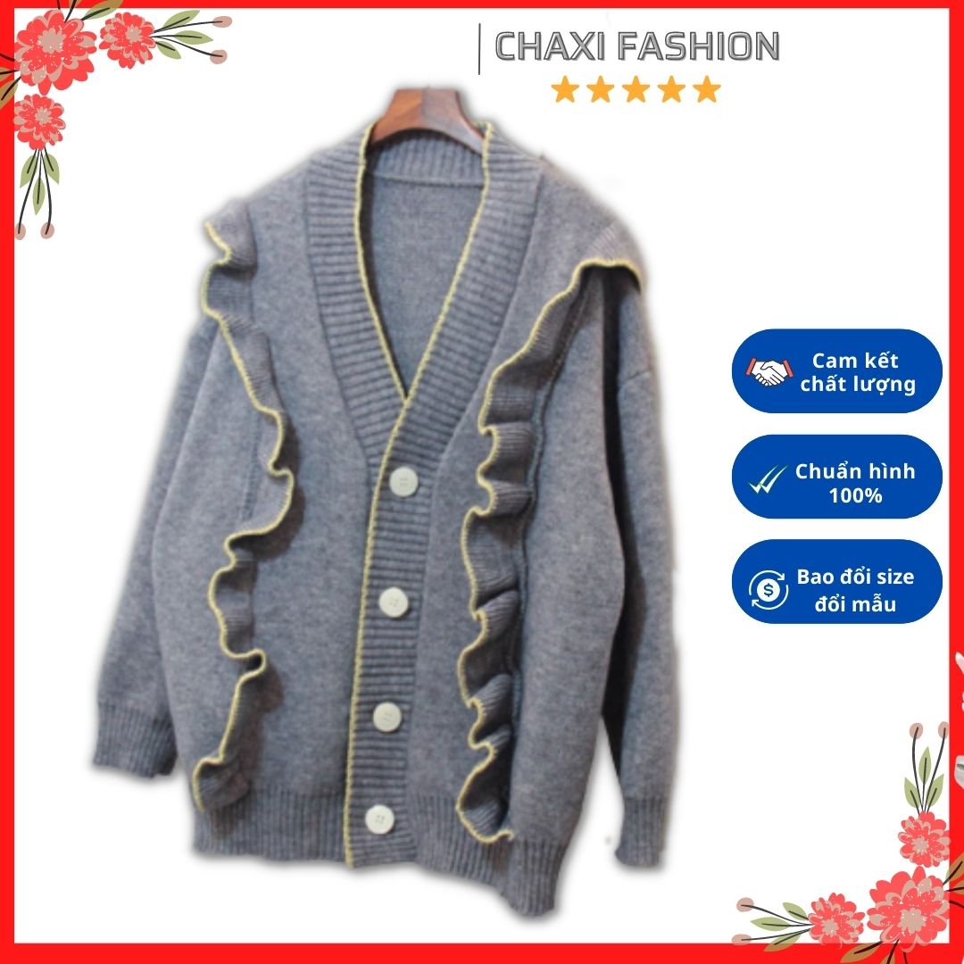 Áo khoác len cardigan nữ len xám phối bèo siêu cute - DL51200 - Hàng Quảng Châu cao cấp