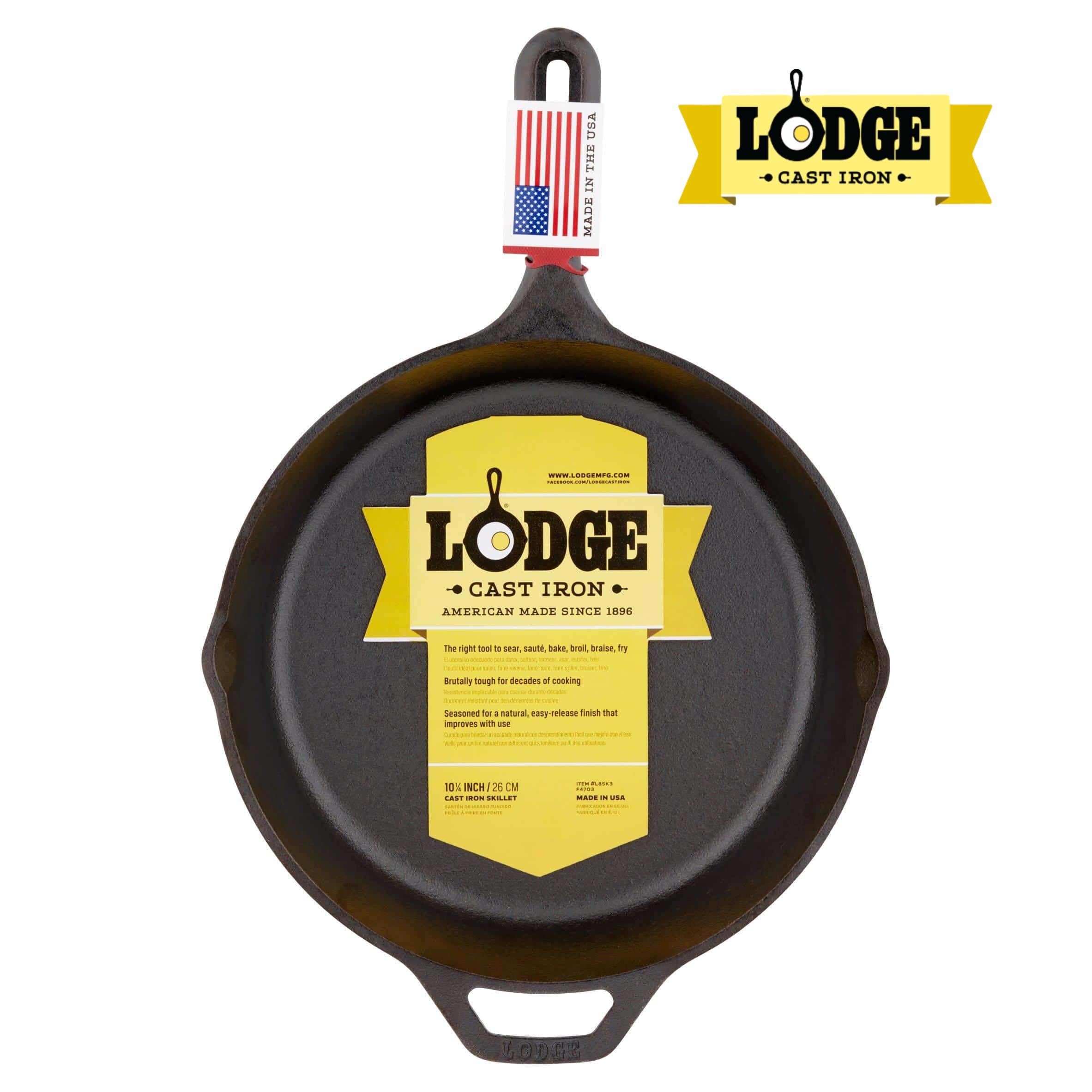 [Chính hãng LOGDE - MỸ] Chảo gang đúc chính hãng Lodge 26,5 cm - L8SK3. Chảo dùng nướng, chiên, xào, áp chảo thực phẩm