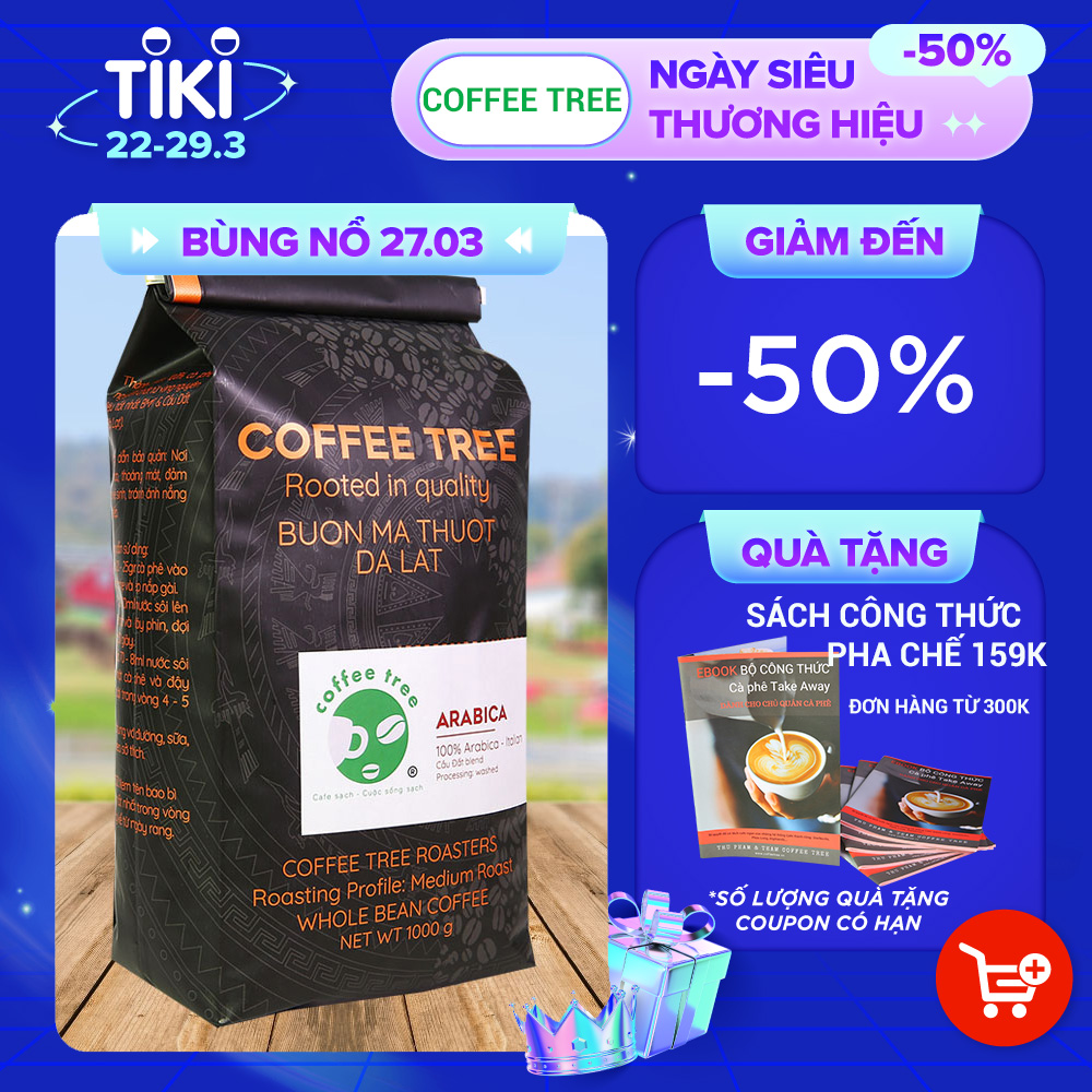 Cà phê hạt Arabica Cầu Đất nguyên chất 100% Coffee Tree 1kg thơm nồng, vị nhẹ, gu tây - Cà phê Đà Lạt tuyển chọn hoàn toàn trái chín rang công nghệ Châu Âu