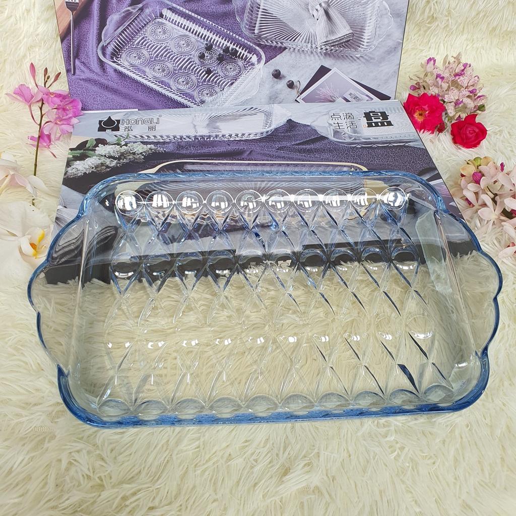 Dĩa Thủy Tinh Đẹp Dài Để Ly/Cốc Hình Chữ Nhật, Khay Đựng Trái Cây, Bánh Mứt Thủy Tinh Cao Cấp Màu Xanh