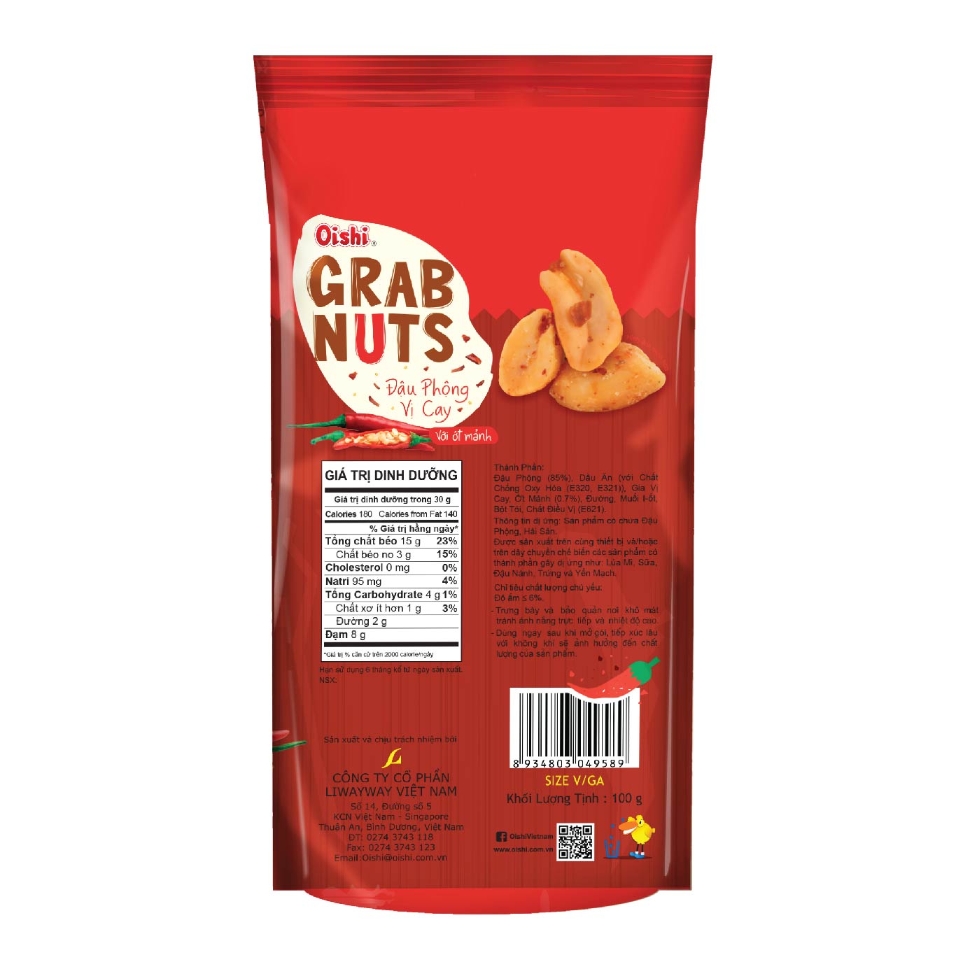 Combo 20 gói Oishi Đậu Phộng Vị Cay Grab Nuts (100g/gói)