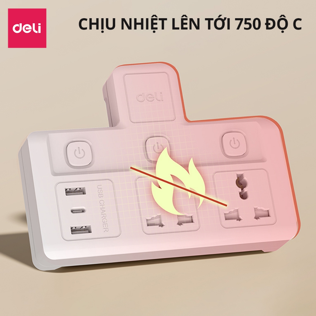 Ổ Cắm Chia Điện Deli, Ổ Cắm Điện Chữ T Công Suất 2500W Tích Hợp Cổng USB &amp;TypeC Sạc Nhanh 20W
