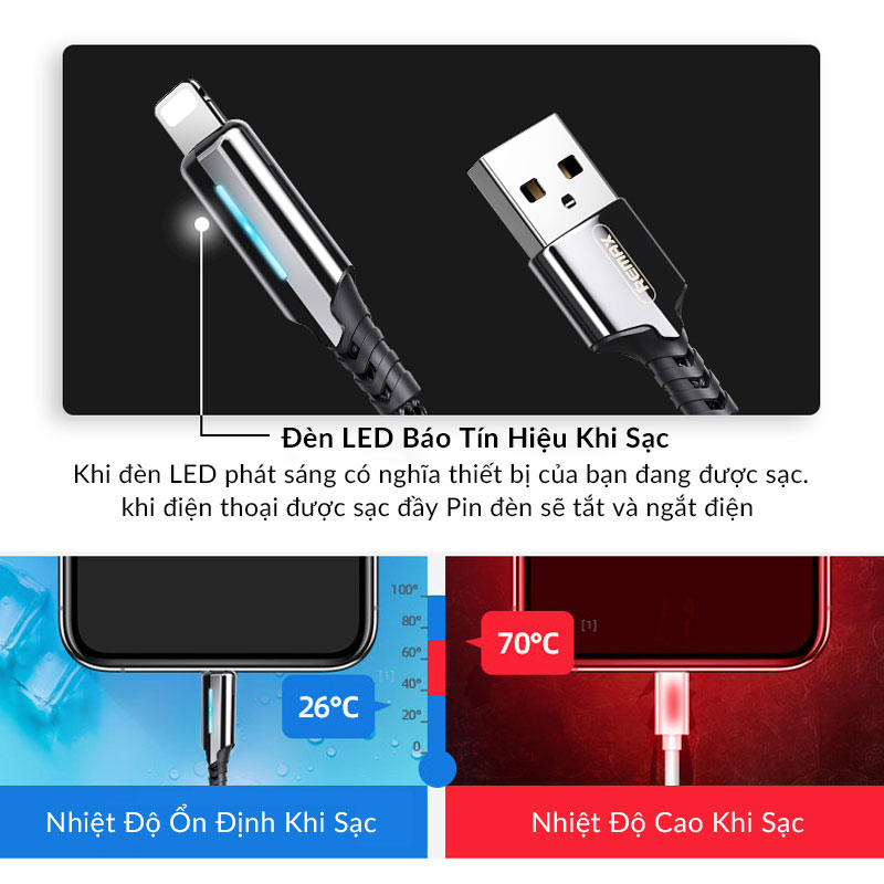 Dây Cáp sạc Lightning Cho iPhone iPad Tự Ngắt Thông Minh Khi Sạc Đầy Remax RC-123i, Dây Dù Siêu Bền Chống Rối, Hỗ Trợ Truyền Dữ Liệu &amp; Sạc Nhanh 2.4A, Có Đèn Led Sáng - Hàng Chính Hãng