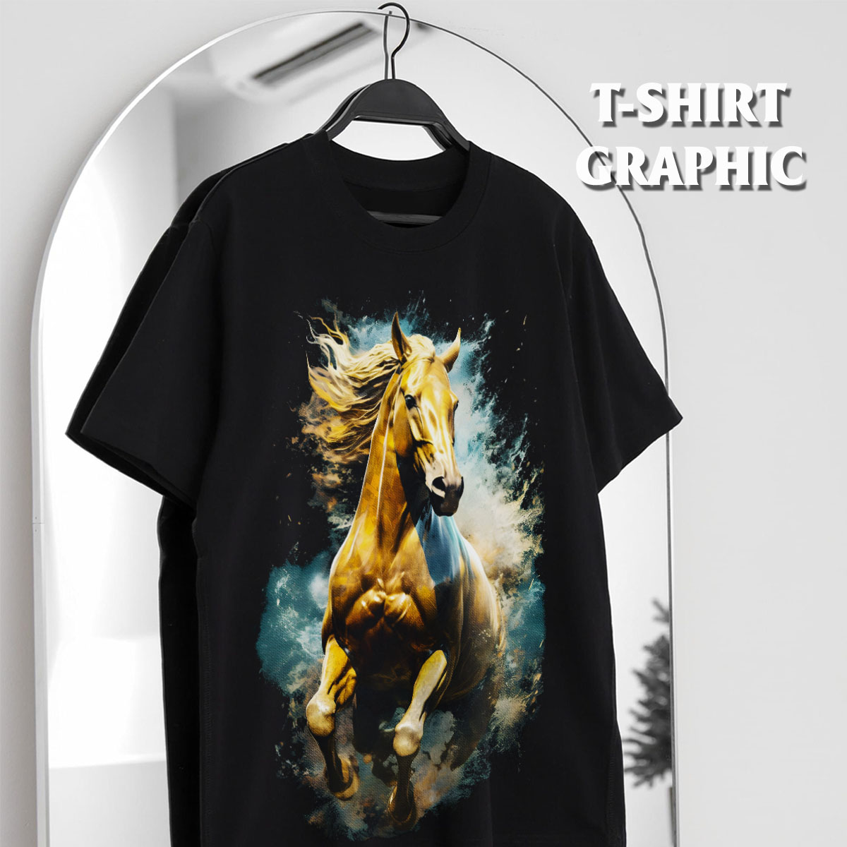 Áo thun nam cổ tròn tay ngắn TeeSett big size boy phố cotton màu đen in hình con ngựa graphic design