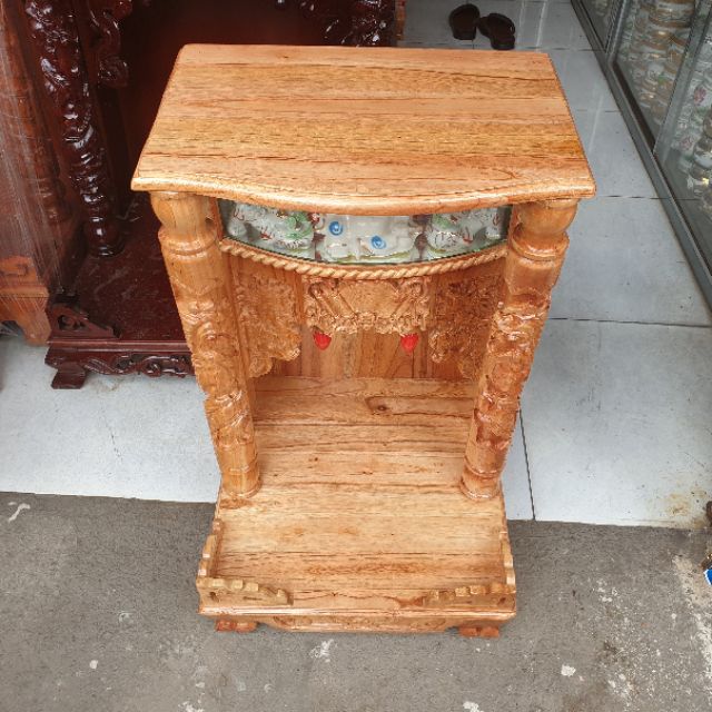 Bàn thờ thần tài ông địa gỗ xoan ngang 42 cm quỳ trụ điện tử