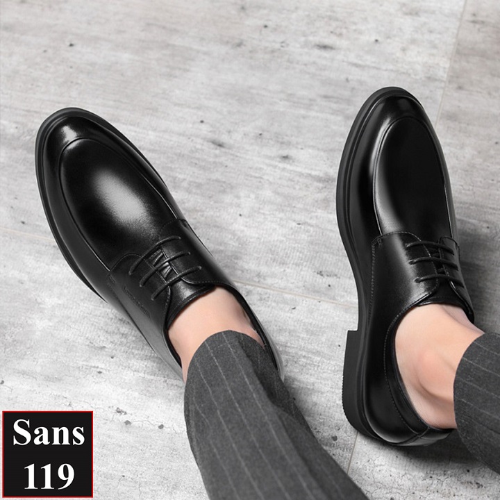 Giày tăng chiều cao nam da bò Sans119 độn đế 8cm công sở cao cấp buộc dây tây đen chú rể mặc vest size nhỏ 37 38 mũi tròn