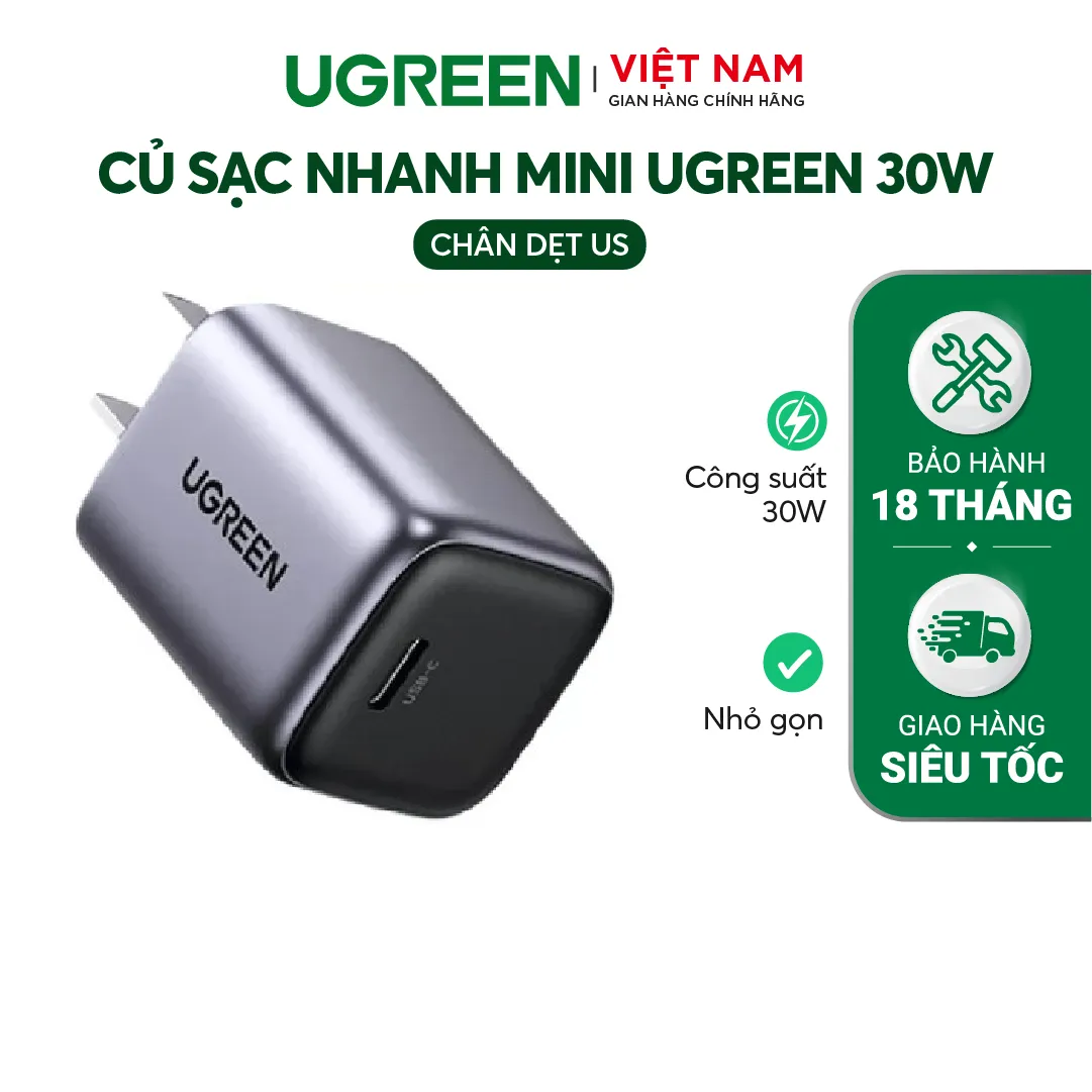 Củ sạc nhanh MINI 30W GaN UGREEN CD319 – Sạc nhanh Type C – Công suất 30W – Công nghệ GaN Tiên Tiến – Tương Thích Nhiều Thiết Bị