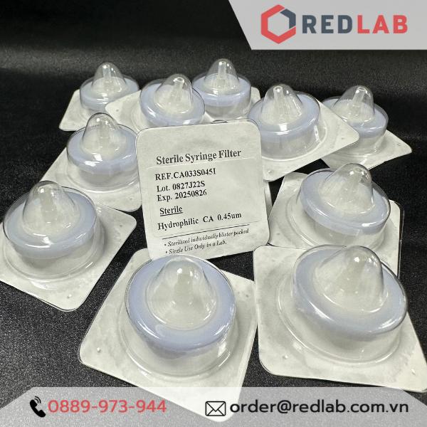 100 Đầu lọc Syringe CA tiệt trùng, đường kính 33mm, lỗ lọc 0.22µm và 0.45µm Finetech CA033S022I và CA033S045I