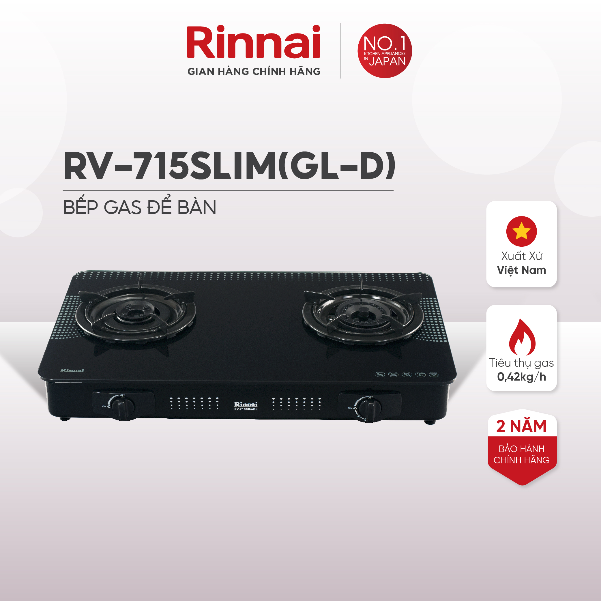 Bếp gas dương Rinnai RV-715Slim mặt bếp kính và kiềng bếp men - Hàng chính hãng.