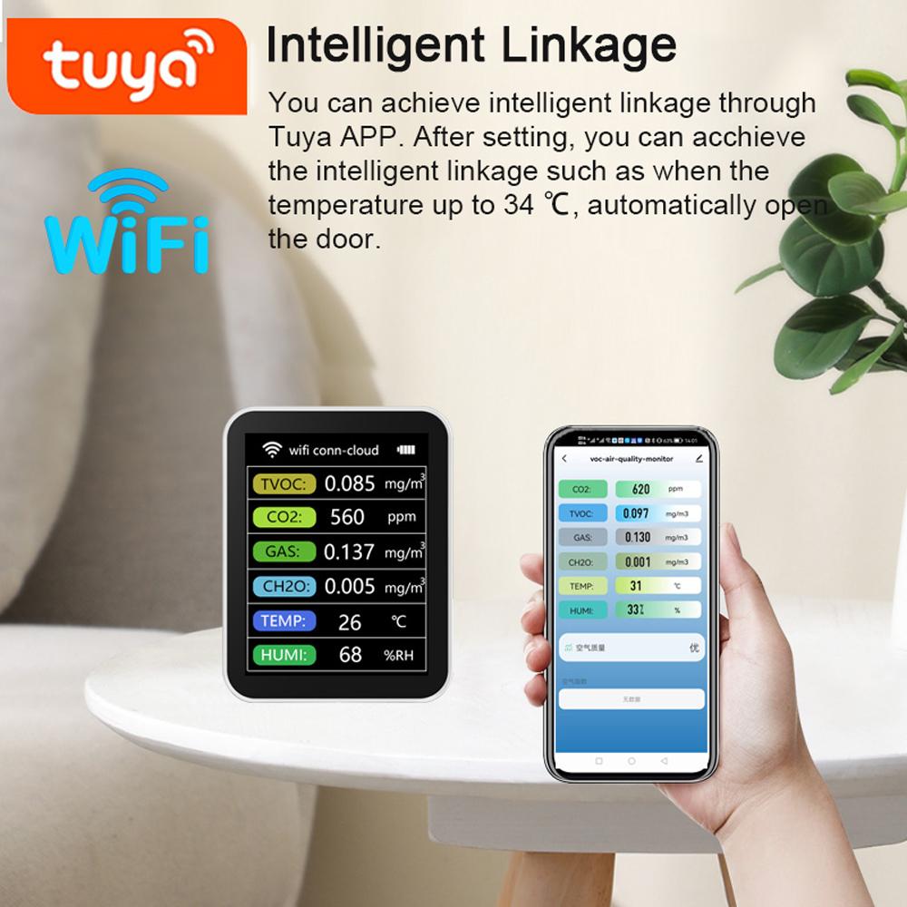 Tuya WiFi Portable Home Office Indoor Desktop Air Quality Detector 6 In 1 Multifunctional Detector TVOC CO2 Gases CH2O Temperature Humidity Detecting Intelligent Linkage Mobilephone APP Remotes Viewing