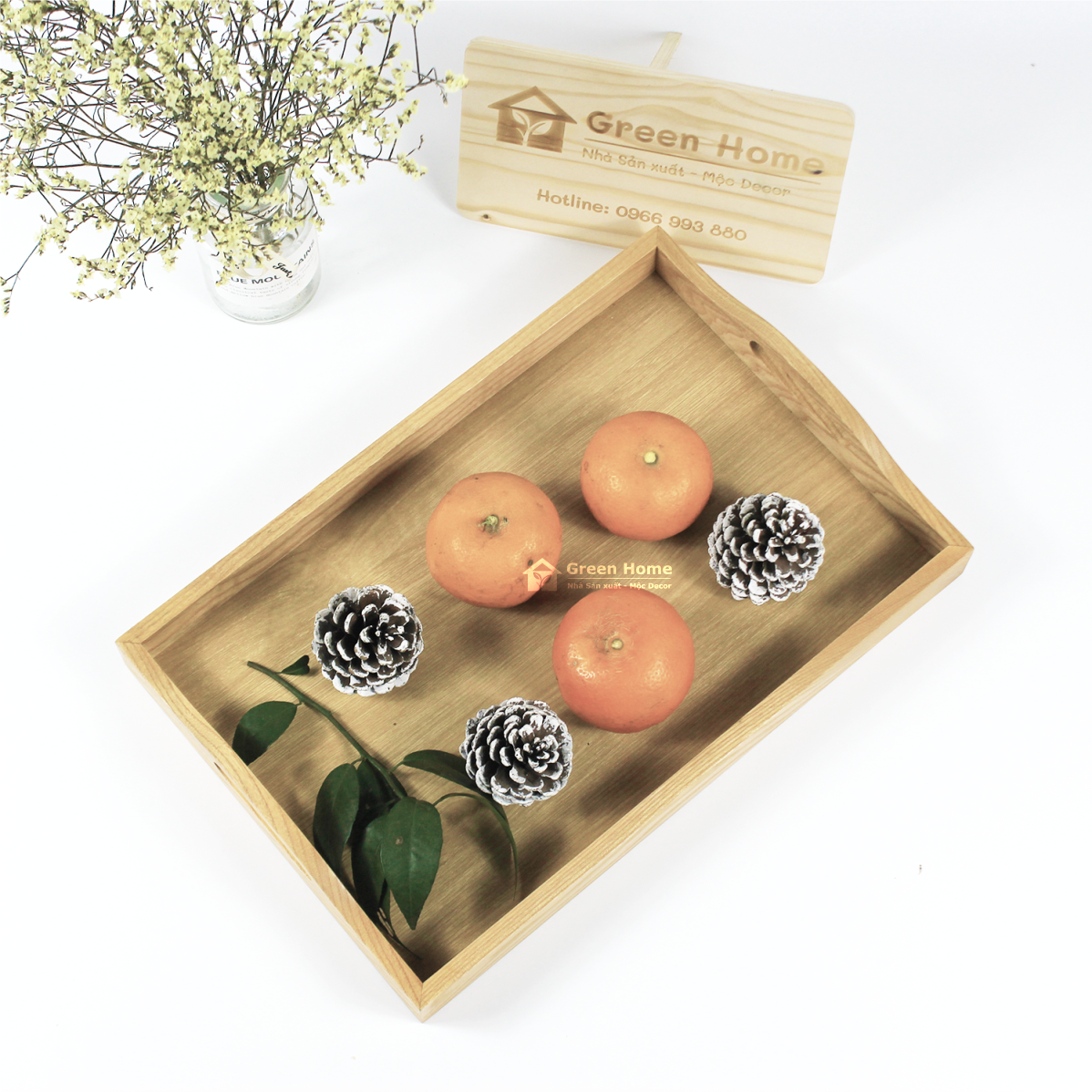 Khay trà decor cao 6cm, Khay gỗ đa năng có tay cầm dùng để bưng trà, đồ ăn uống phong cách Vintage