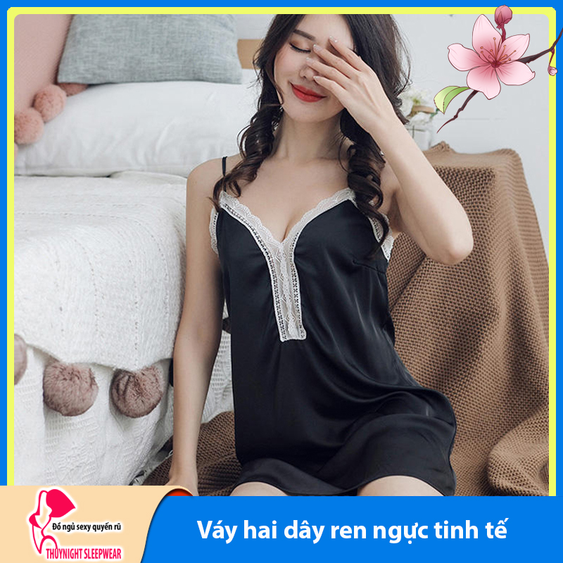 Váy ngủ lụa phối ren ngực cao cấp QK24 - Váy ngủ  2 dây - Đầm ngủ nữ - Đồ ngủ sexy - Đồ ngủ mặc nhà