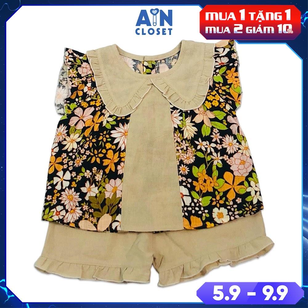 Bộ quần áo ngắn bé gái họa tiết Vườn hoa quần nâu linen - AICDBG2DTEWC - AIN Closet
